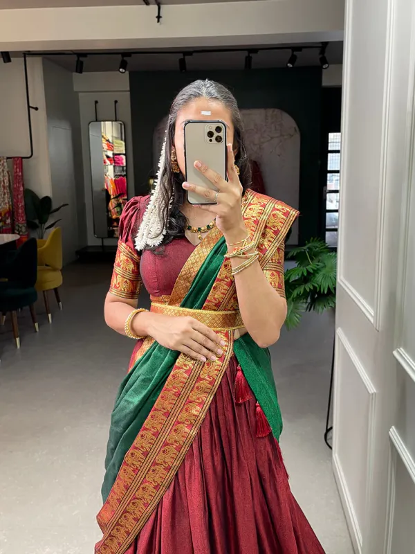 Maroon_Kanjiveram_Silk_Zari_Lehenga_With_Blouse_Along_With_Banarsi_Silk_Dupatta