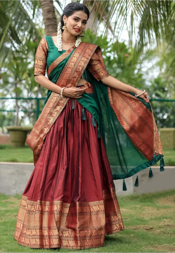 Maroon_Kanjiveram_Silk_Zari_Lehenga_With_Blouse_Along_With_Banarsi_Silk_Dupatta