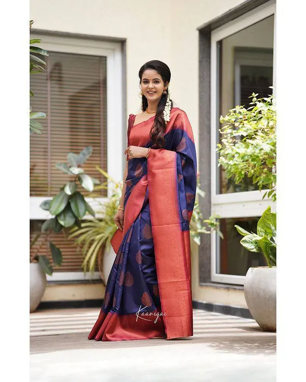 Mblue__Woven_Banarasi_Jacquard__Saree_With_Unstitched_Blouse