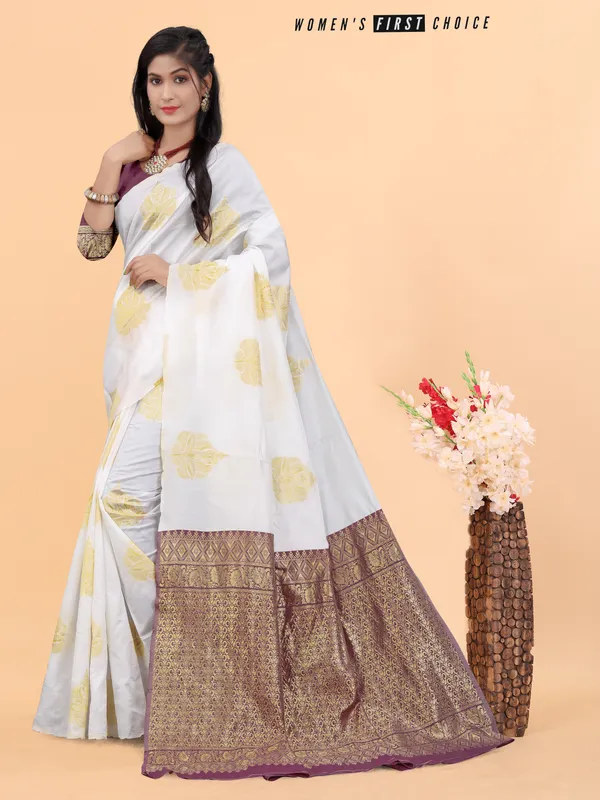 White_Woven_Banarasi_Soft_Silk__Saree_With_Unstitched_Blouse