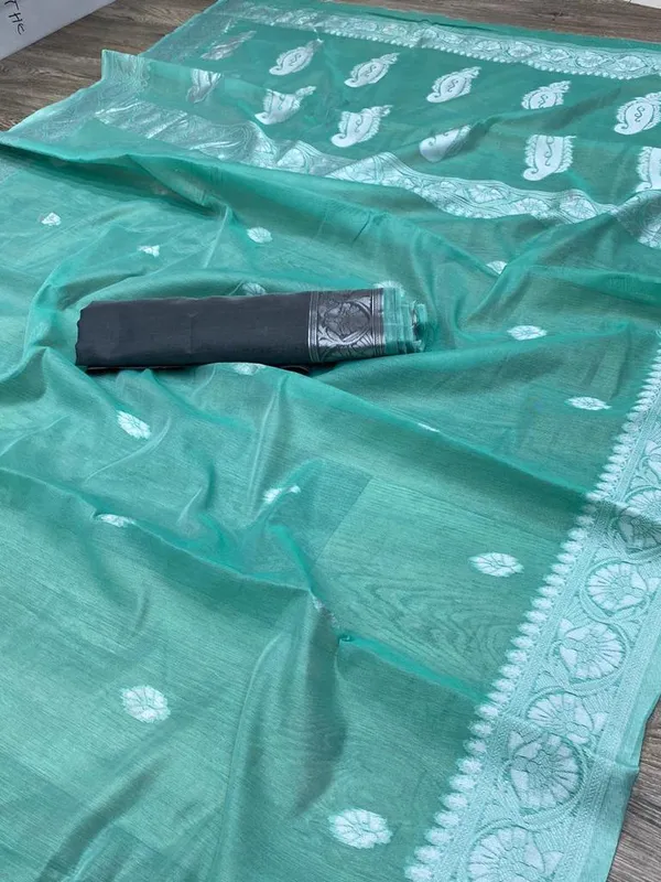 Rama__Floral_Print_Kanjivaram_Jacquard_Cotton_Silk__Saree_With_Unstitched_Blouse