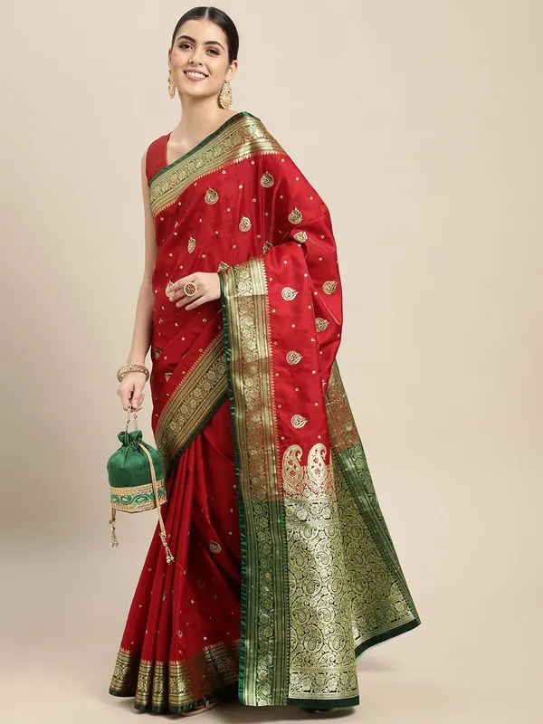 Red__Woven_Kanjivaram__Saree_With_Unstitched_Blouse