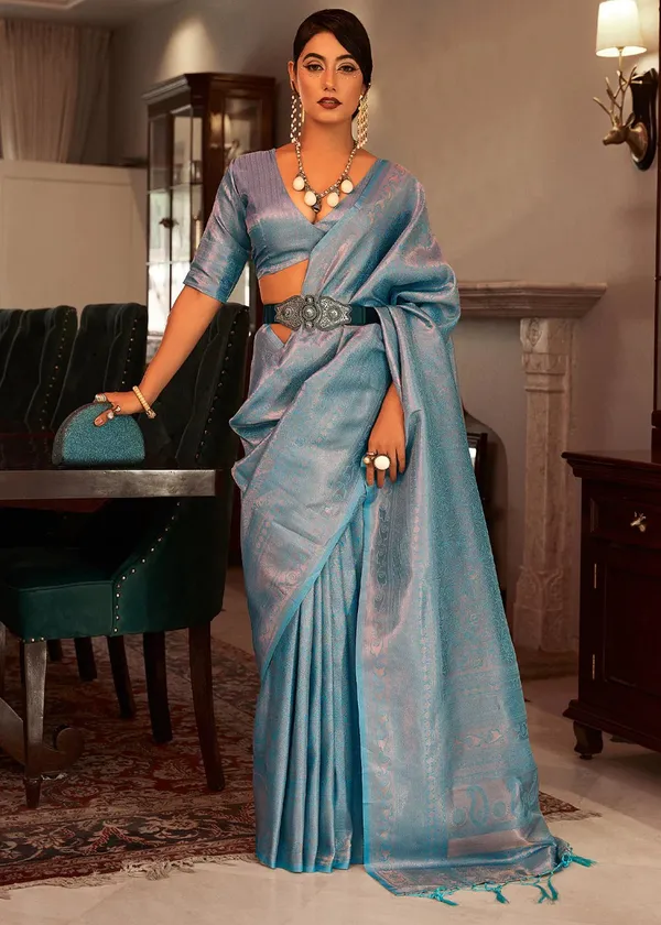 Opal_Blue_Opal__Woven_Kanjivaram_Banarasi_Jacquard__Saree_With_Unstitched_Blouse