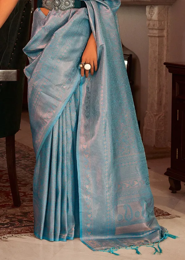 Opal_Blue_Opal__Woven_Kanjivaram_Banarasi_Jacquard__Saree_With_Unstitched_Blouse