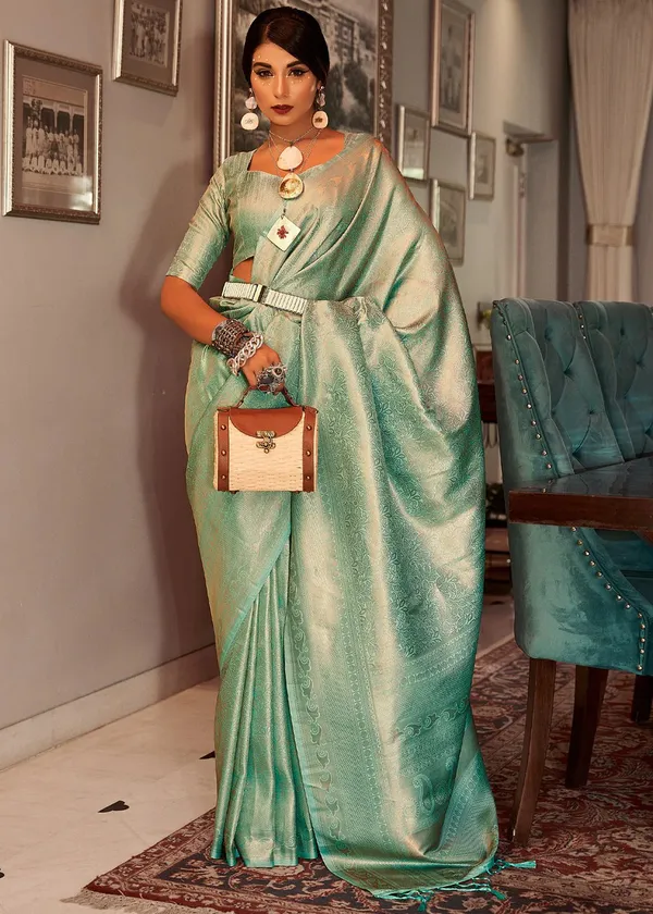 Sea_Green_Sea__Woven_Kanjivaram_Banarasi_Jacquard__Saree_With_Unstitched_Blouse