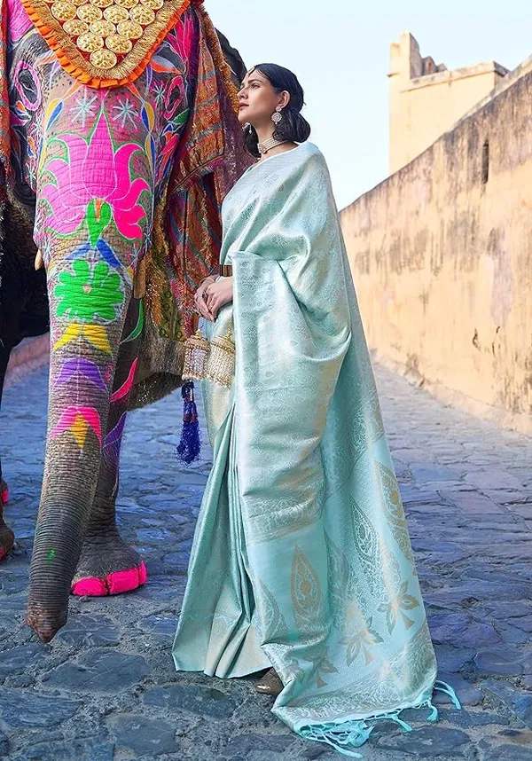 Light_Blue__Woven_Banarasi_Jacquard__Saree_With_Unstitched_Blouse