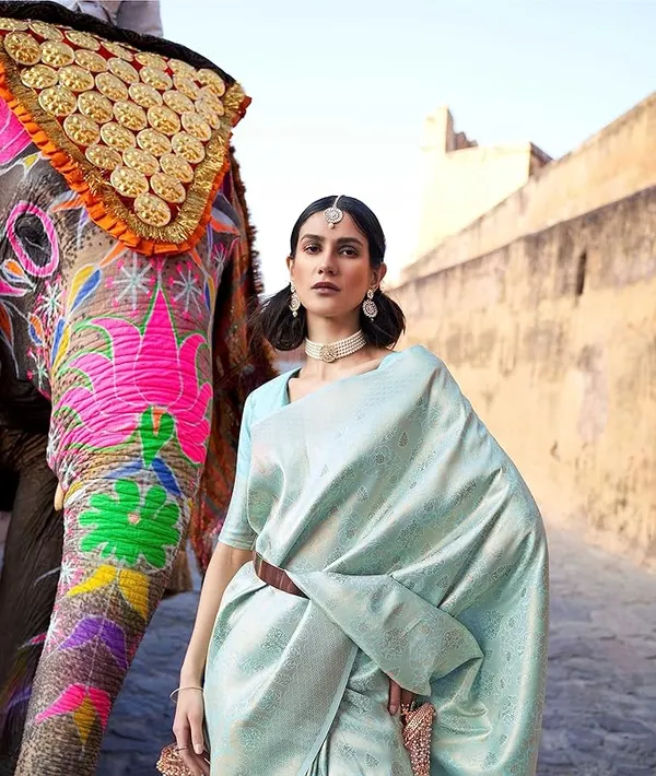 Light_Blue__Woven_Banarasi_Jacquard__Saree_With_Unstitched_Blouse