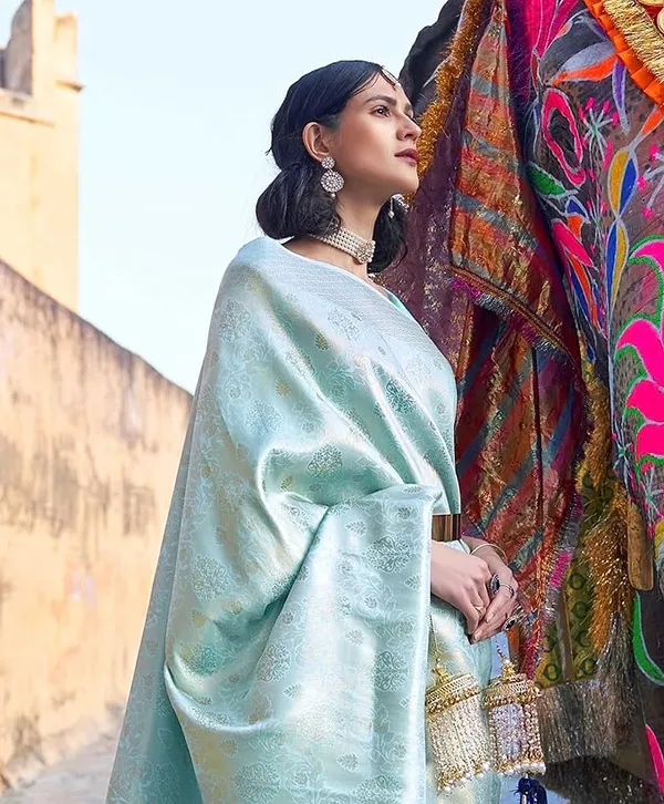 Light_Blue__Woven_Banarasi_Jacquard__Saree_With_Unstitched_Blouse