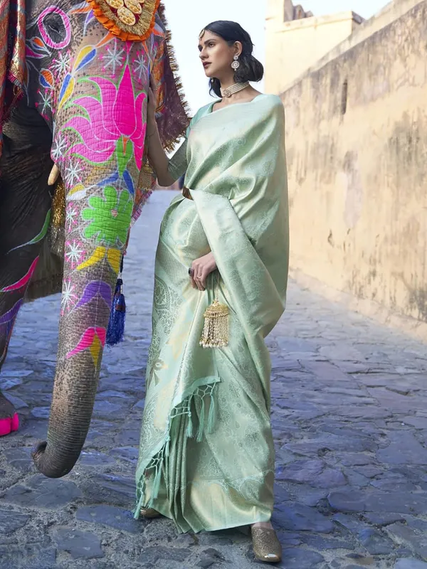 Light_Green_Woven_Banarasi_Soft_Silk__Saree_With_Unstitched_Blouse