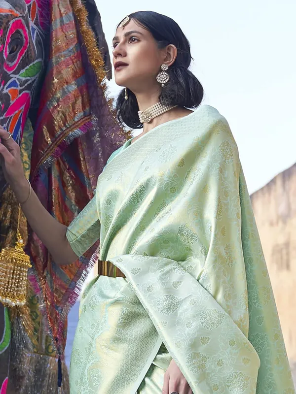 Light_Green_Woven_Banarasi_Soft_Silk__Saree_With_Unstitched_Blouse