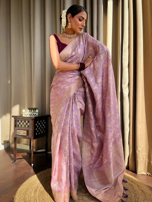 Baby_Pink_Woven_Banarasi_Soft_Silk__Saree_With_Unstitched_Blouse
