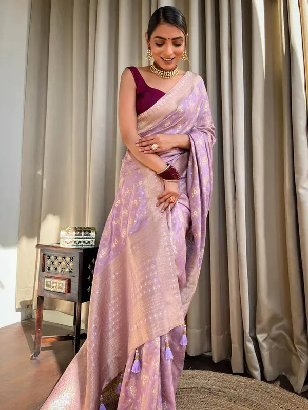 Baby_Pink_Woven_Banarasi_Soft_Silk__Saree_With_Unstitched_Blouse