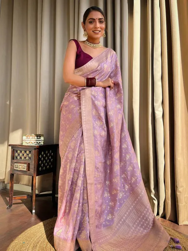 Baby_Pink_Woven_Banarasi_Soft_Silk__Saree_With_Unstitched_Blouse