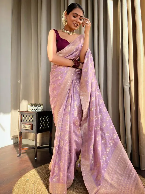 Baby_Pink_Woven_Banarasi_Soft_Silk__Saree_With_Unstitched_Blouse