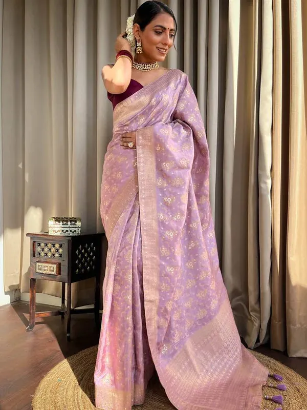Baby_Pink_Woven_Banarasi_Soft_Silk__Saree_With_Unstitched_Blouse