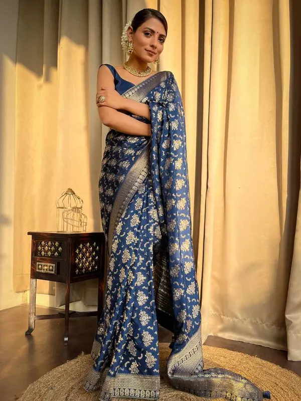 Blue_Woven_Banarasi_Soft_Silk__Saree_With_Unstitched_Blouse
