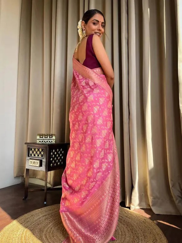 Pink_Woven_Banarasi_Soft_Silk__Saree_With_Unstitched_Blouse