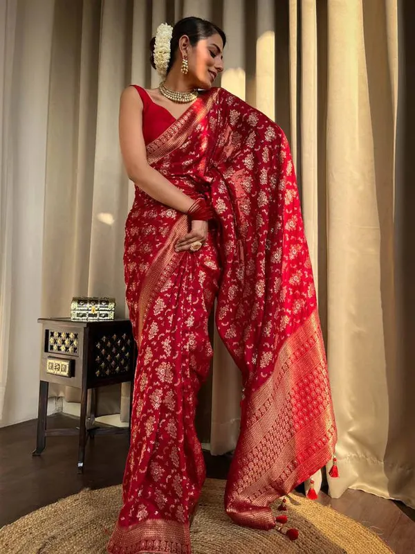 Red_Woven_Banarasi_Soft_Silk__Saree_With_Unstitched_Blouse