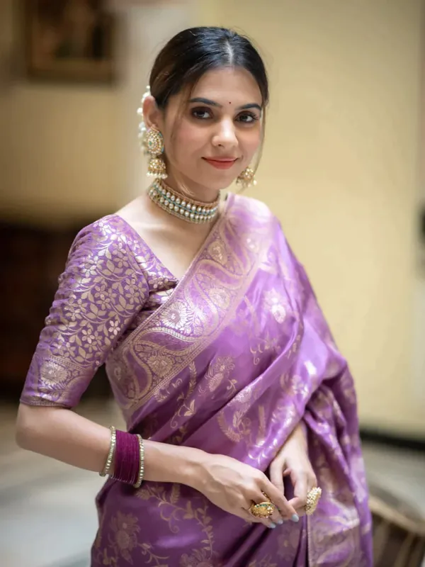 Lavender__Woven_Banarasi_Jacquard__Saree_With_Unstitched_Blouse