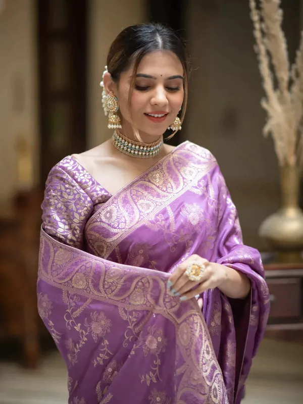 Lavender__Woven_Banarasi_Jacquard__Saree_With_Unstitched_Blouse