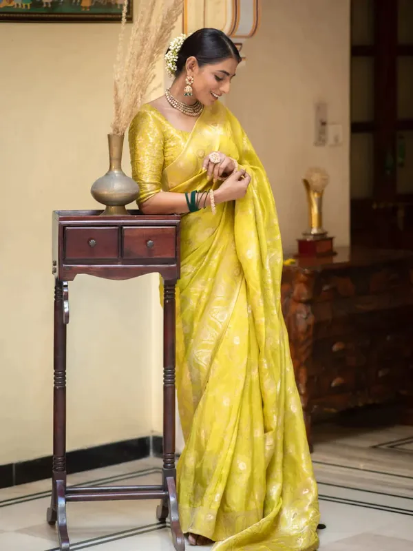 Lemon__Woven_Banarasi_Jacquard__Saree_With_Unstitched_Blouse