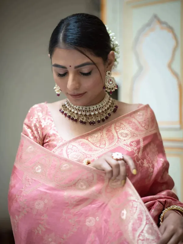 Pink__Woven_Jacquard__Saree_With_Unstitched_Blouse