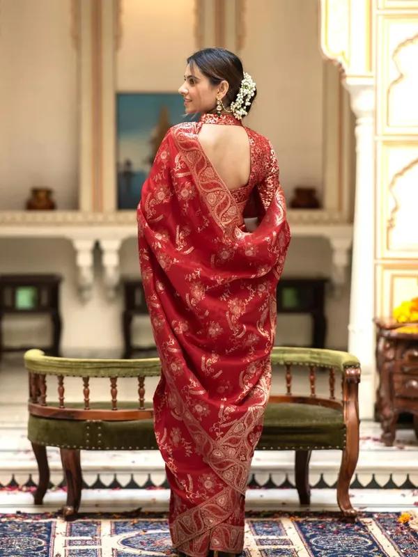 Red__Woven_Jacquard__Saree_With_Unstitched_Blouse