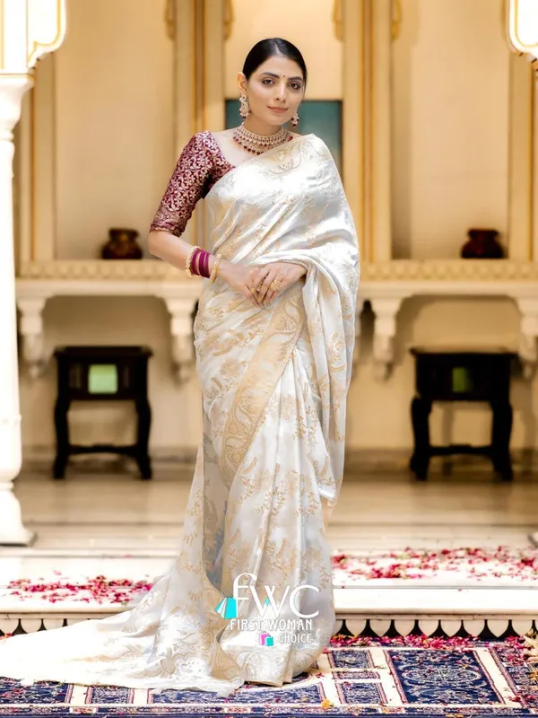 White__Woven_Jacquard__Saree_With_Unstitched_Blouse