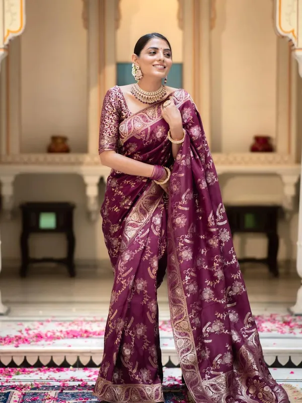 Wine__Woven_Banarasi_Jacquard__Saree_With_Unstitched_Blouse