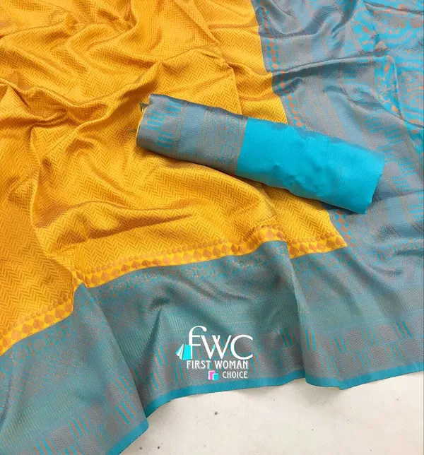 Yellow/Rama__Woven_Jacquard__Saree_With_Unstitched_Blouse