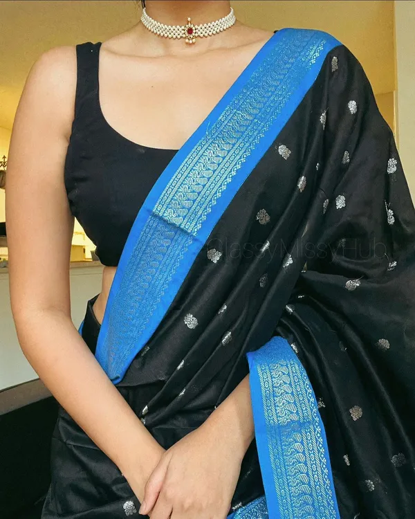 Black/Blue__Woven_Banarasi_Jacquard__Saree_With_Unstitched_Blouse