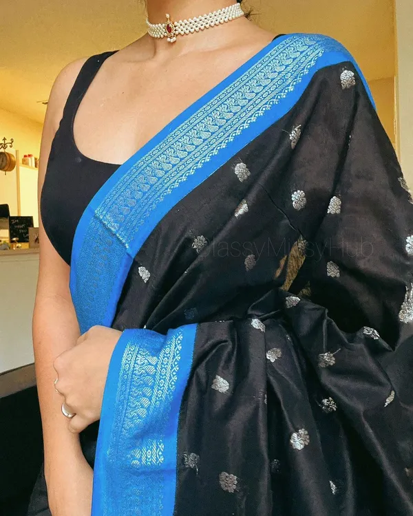 Black/Blue__Woven_Banarasi_Jacquard__Saree_With_Unstitched_Blouse