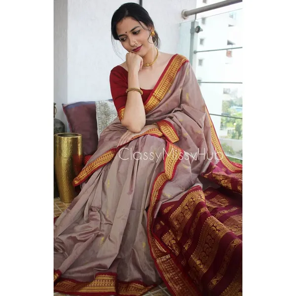 Cofee/Red__Woven_Banarasi_Jacquard__Saree_With_Unstitched_Blouse