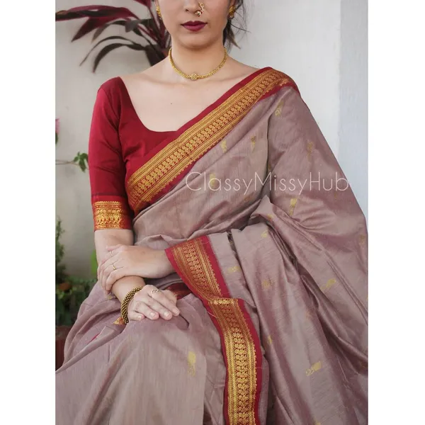 Cofee/Red__Woven_Banarasi_Jacquard__Saree_With_Unstitched_Blouse