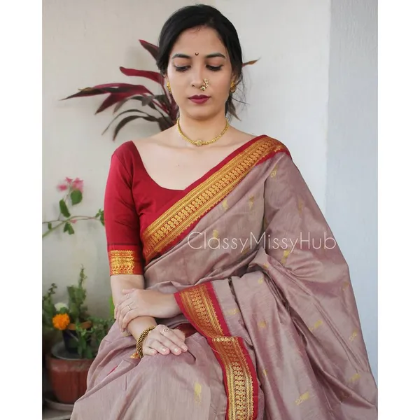 Cofee/Red__Woven_Banarasi_Jacquard__Saree_With_Unstitched_Blouse