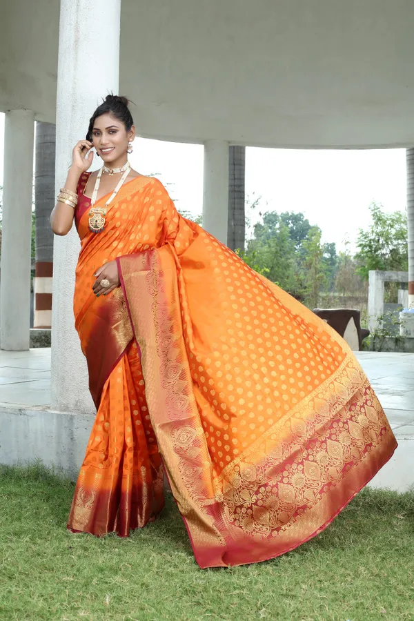Orange_Woven_Banarasi_Soft_Silk__Saree_With_Unstitched_Blouse