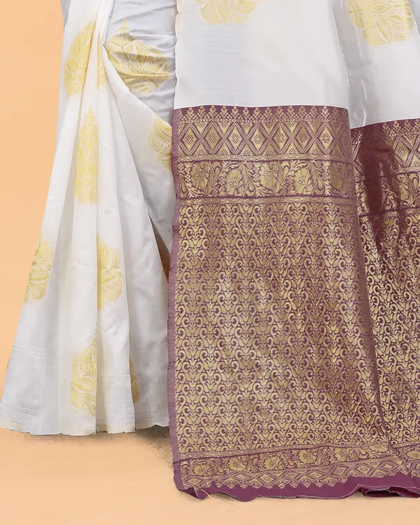 White_Woven_Banarasi_Soft_Silk__Saree_With_Unstitched_Blouse