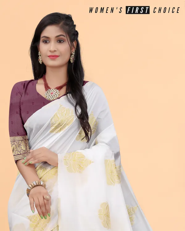 White_Woven_Banarasi_Soft_Silk__Saree_With_Unstitched_Blouse