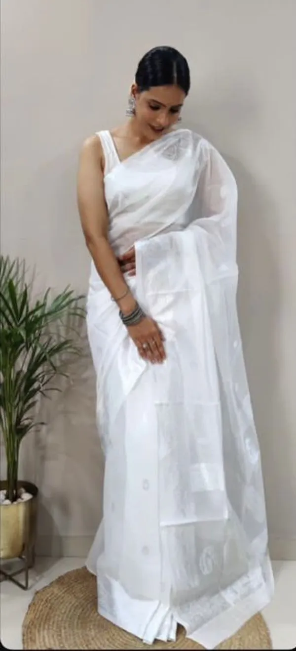 White_Woven_Banarasi_Soft_Silk__Saree_With_Unstitched_Blouse