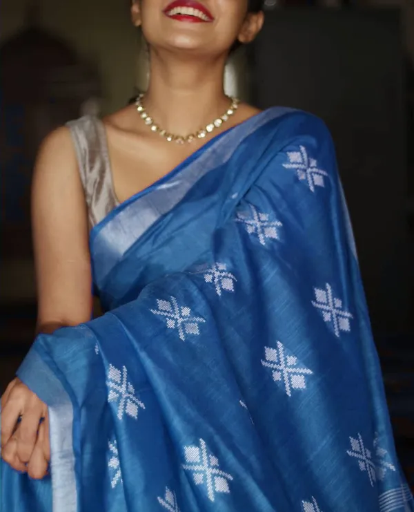 Blue_Khadi_cotton_silk_Saree_with_Blouse_Piece_For__Women