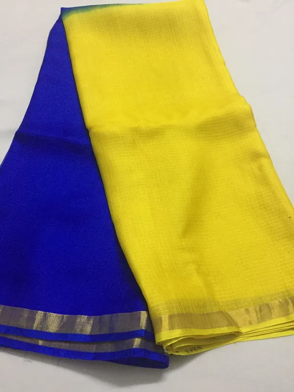 Blue/_Yellow_Art_silk_Cotton_Saree_with_Blouse_Piece_For__Women