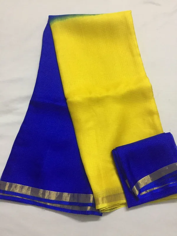 Blue/_Yellow_Art_silk_Cotton_Saree_with_Blouse_Piece_For__Women