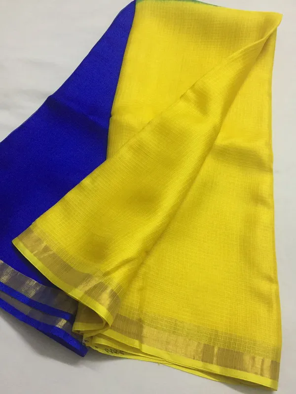 Blue/_Yellow_Art_silk_Cotton_Saree_with_Blouse_Piece_For__Women