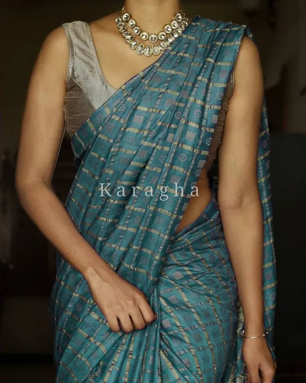 Pine_Green_Khadi_cotton_Saree_with_Blouse_Piece_For__Women