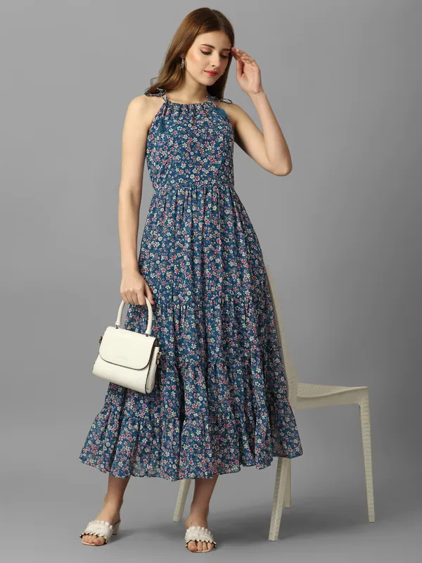 Floral_Printed_Shoulder_Strap_Gathered_Georgette_Fit_&_Flare_Midi_Dress