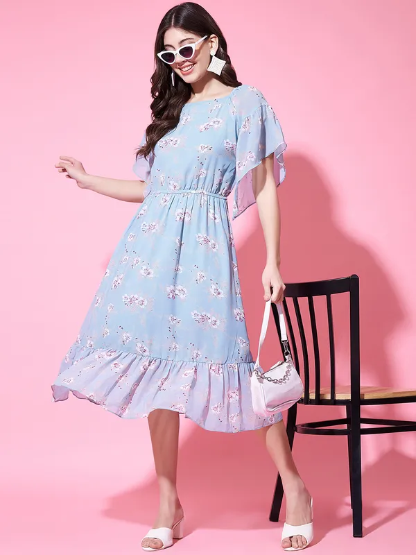 Turquoise_Georgette_Dress_Floral_Print_For_Women.