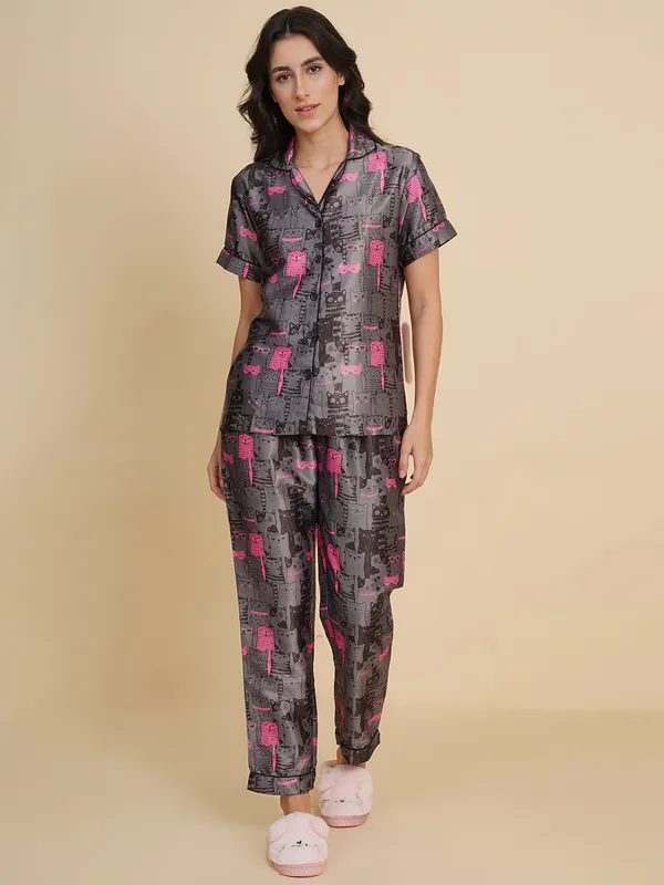 Dark_Grey_Silk_Satin_Quirky_Print_Night_Suit_For_Women.