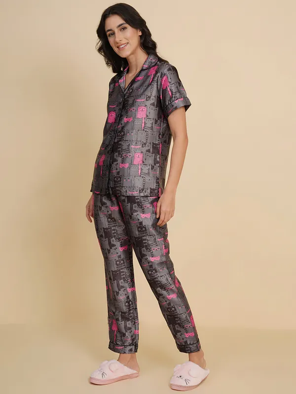 Dark_Grey_Silk_Satin_Quirky_Print_Night_Suit_For_Women.
