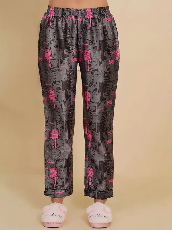 Dark_Grey_Silk_Satin_Quirky_Print_Night_Suit_For_Women.