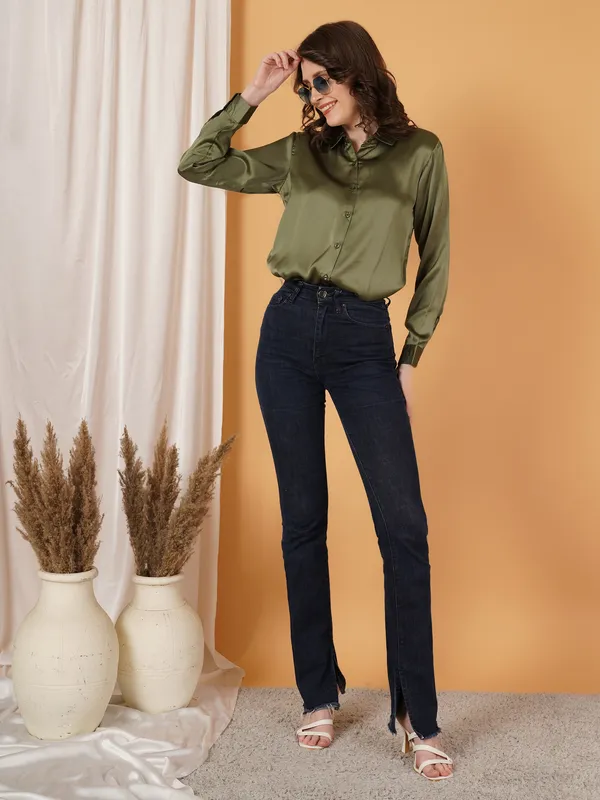 Olive_Green_Satin_Shirt_For_Women